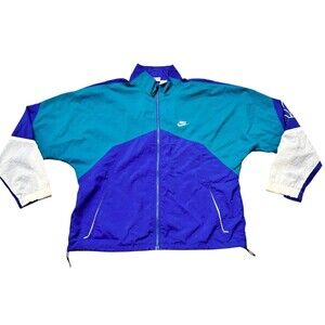 Vintage 90s Nike Windbreaker Jacket Men’s L Teal Blue Royal Colorblock Full Zip
